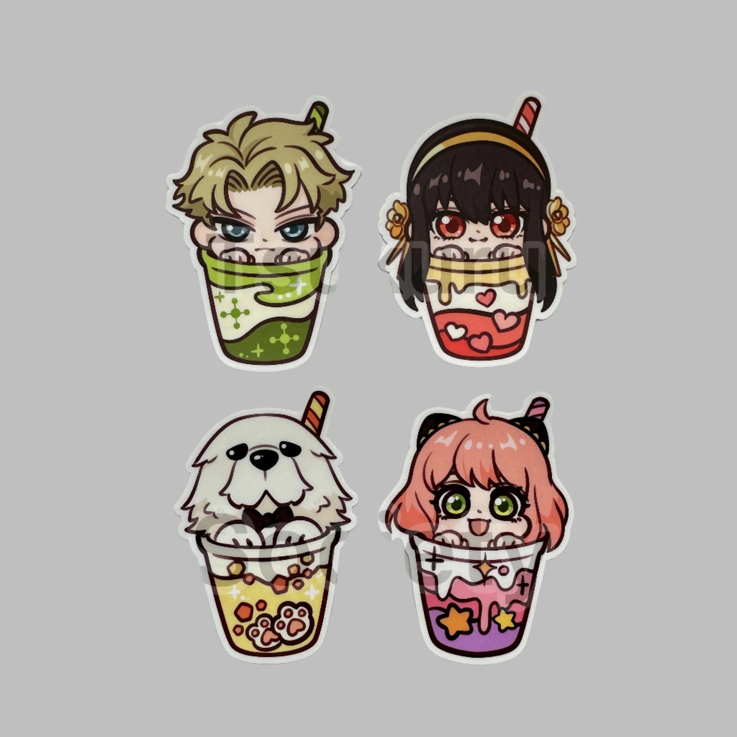 A set of four vinyl stickers featuring colorful character designs in a boba tea theme.